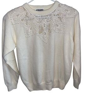 vintage alfred dunner cream pearl lace Embellished sweater coquette grandma